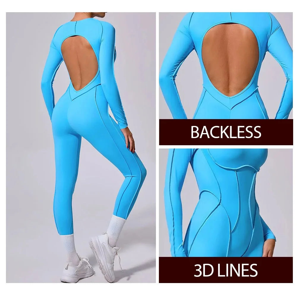 Women's Long Sleeve One-piece Yoga Jumpsuit - Gym Training Suit, High Elastic Fitness Bodysuits, Moisture Wicking Sportswear Set