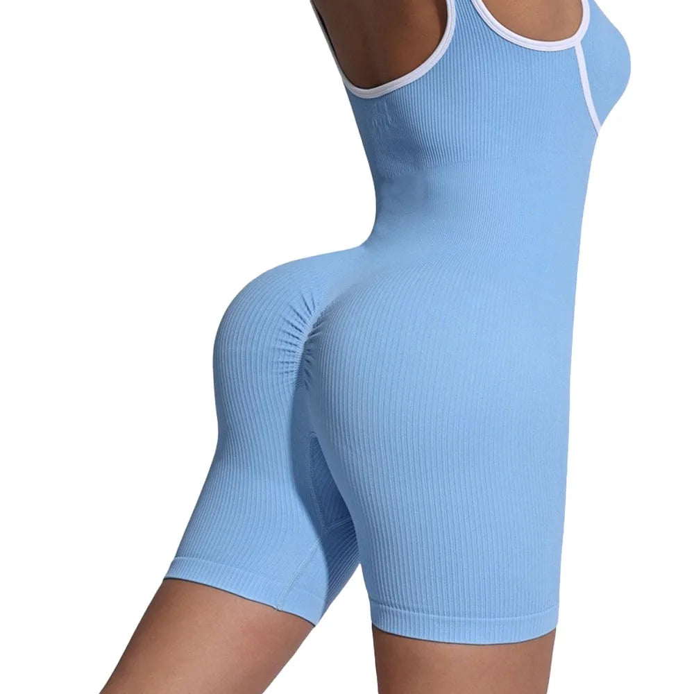 Women's V-Neck Contrast Color One-Piece Yoga Suit Seamless U-Shaped Beautiful Back, Slim-Fit Outdoor Activewear Fitness Workouts