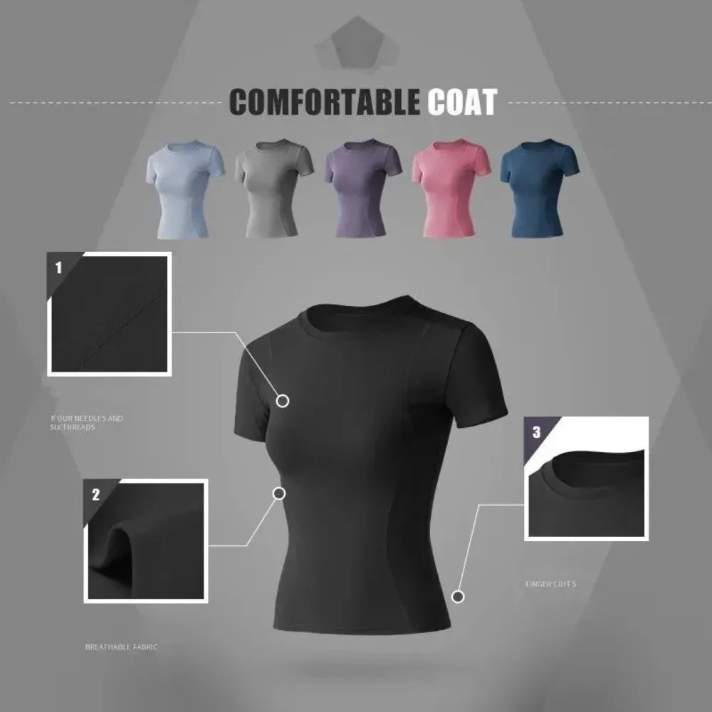 Camiseta deportiva ajustada de secado rápido, slim fit, para exteriores, de manga corta, para gimnasio, correr, ropa de yoga para mujer