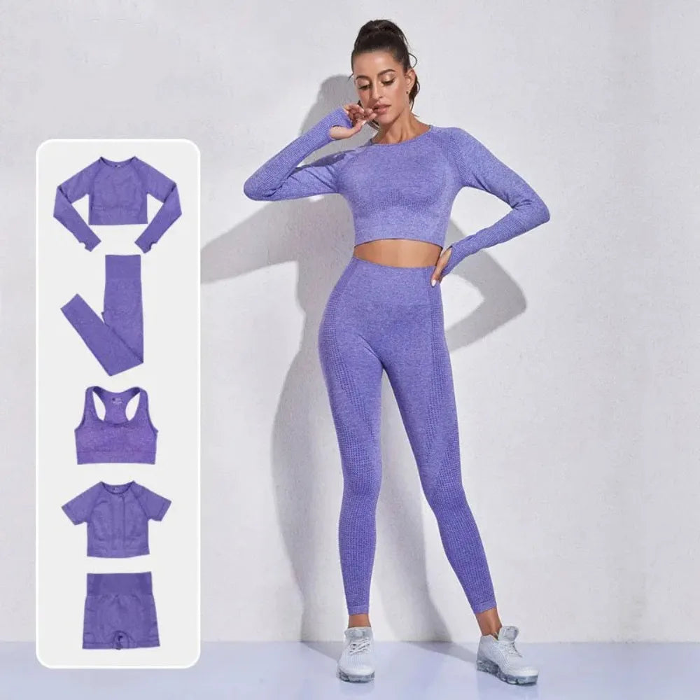 Women's 5-Piece Seamless Yoga Set, Dot Print Crop Top High Waist Leggings Long Sleeve Activewear for Gym Pilates Outdoor Fitness