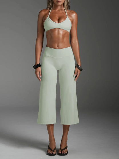 Women Halter Bralette Yoga Outfit Elastic Wide Leg Pants Set, Lightweight Slim Activewear, Fitness Suit for Running Daily Sports