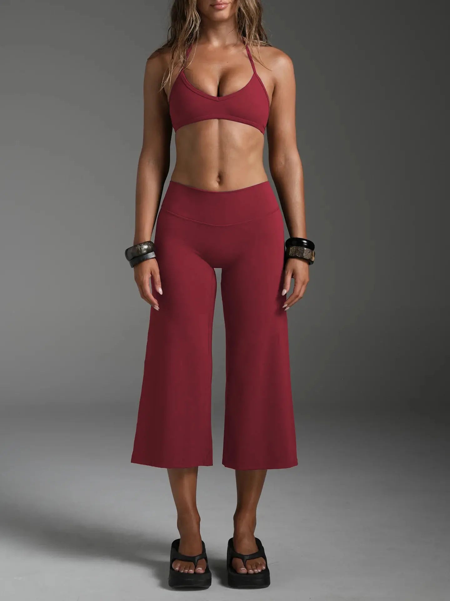 Women Halter Bralette Yoga Outfit Elastic Wide Leg Pants Set, Lightweight Slim Activewear, Fitness Suit for Running Daily Sports