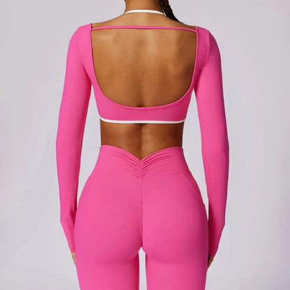 2Pcs Women Gym Workout Set - Backless Yoga Sports Bra Short-Sleeved Shirt Running Leggings, High Waist Fitness Active Wear