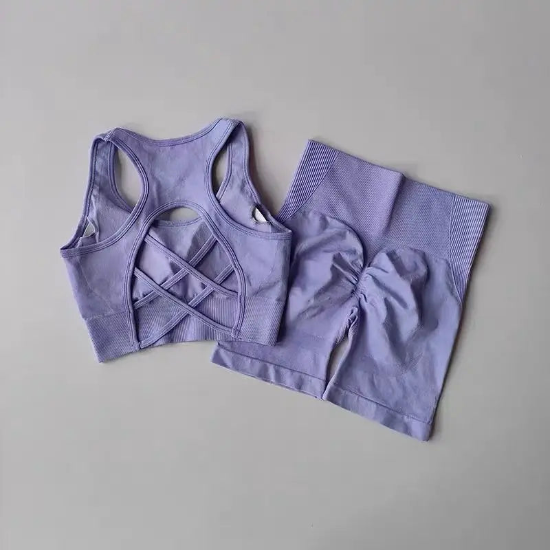 Conjunto de 2 piezas sin costuras de yoga para mujer – Pantalones cortos y top de secado rápido, ropa deportiva de espalda cruzada – Conjunto de fitness para correr, yoga y entrenamientos