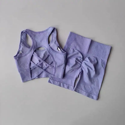 Conjunto de 2 piezas sin costuras de yoga para mujer – Pantalones cortos y top de secado rápido, ropa deportiva de espalda cruzada – Conjunto de fitness para correr, yoga y entrenamientos