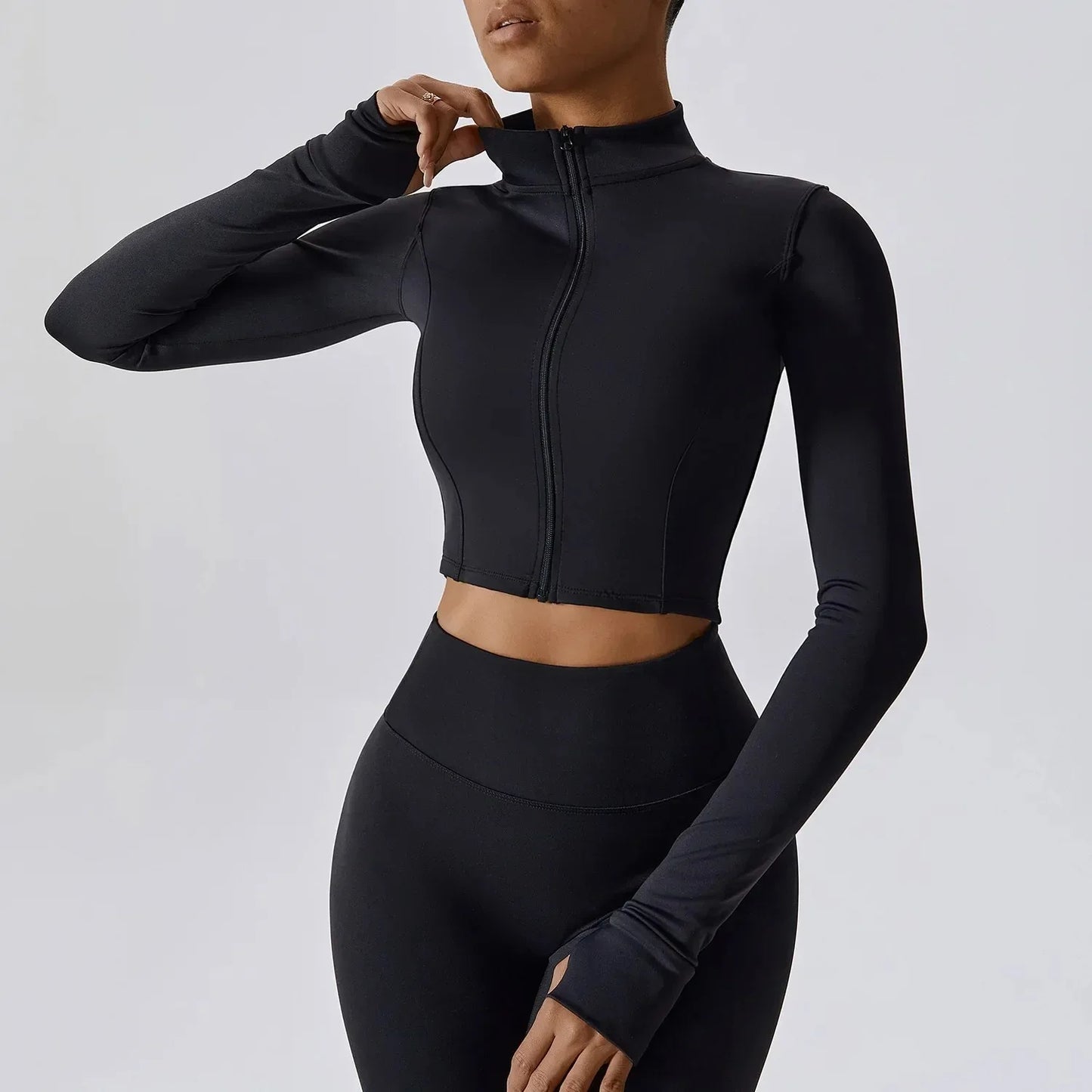 Sports Long Sleeved Women Slim Yoga Clothes Quick Dry Zipper Cardigan Stand Up Collar Jacket Running Fitness Jacket Outdoor Top