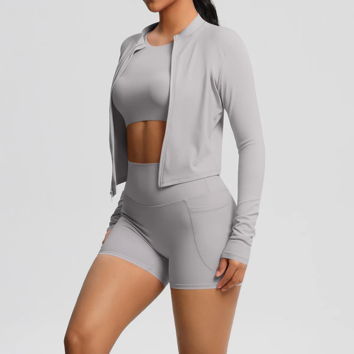 Nude Brushed Yoga Three-Piece Set – Long-Sleeved Sports Jacket, Casual Pocket Shorts & Hip-Lifting Design, for Running Fitness