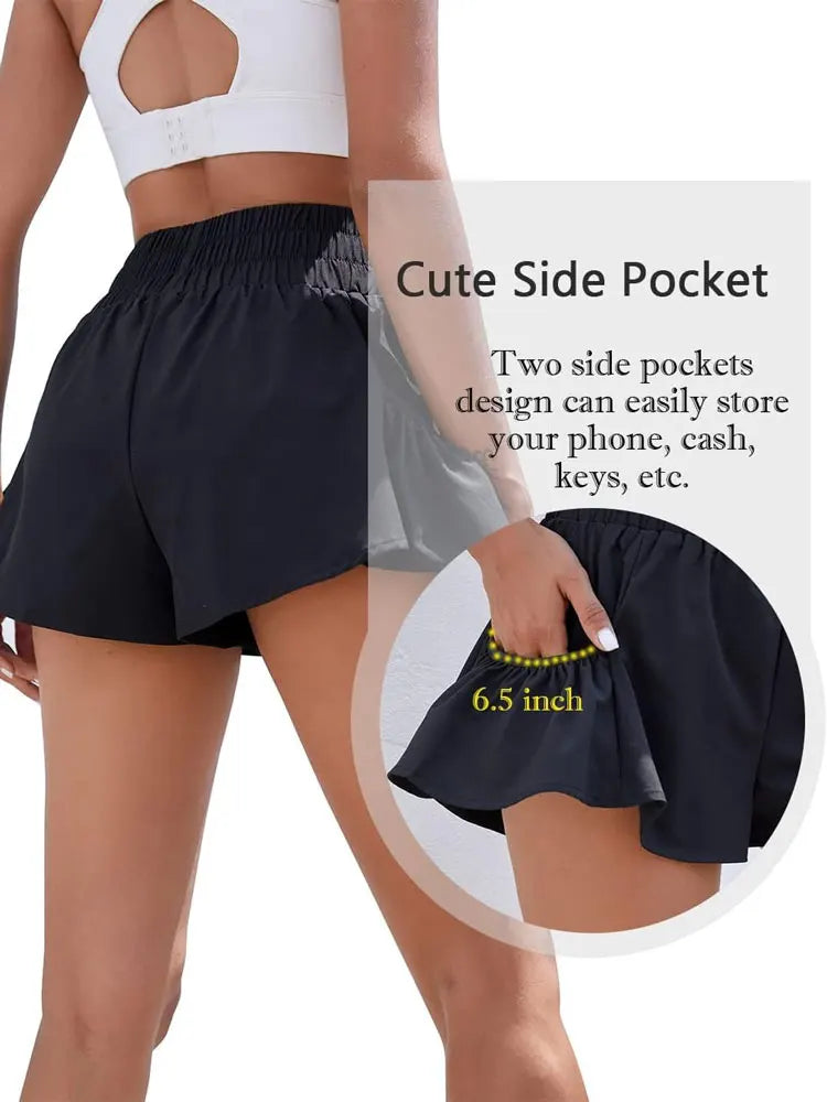Pantalones cortos deportivos de mujer de cintura alta para correr, para gimnasio, de secado rápido, fluidos, con bolsillos