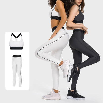 Women's High Waist Butt Lifting Yoga Set - High Impact Supportive Sports Bra and Leggings Gym Outfit with Contrast Color