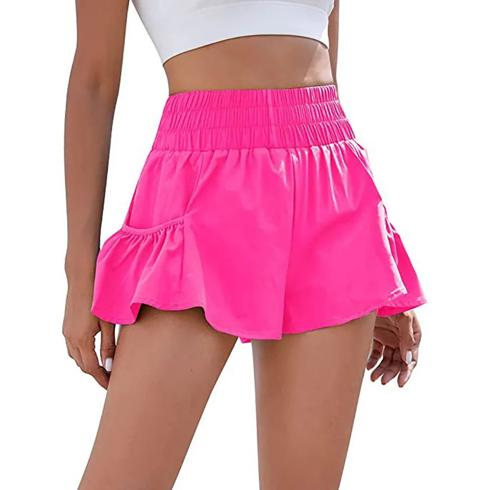 Pantalones cortos deportivos de mujer de cintura alta para correr, para gimnasio, de secado rápido, fluidos, con bolsillos