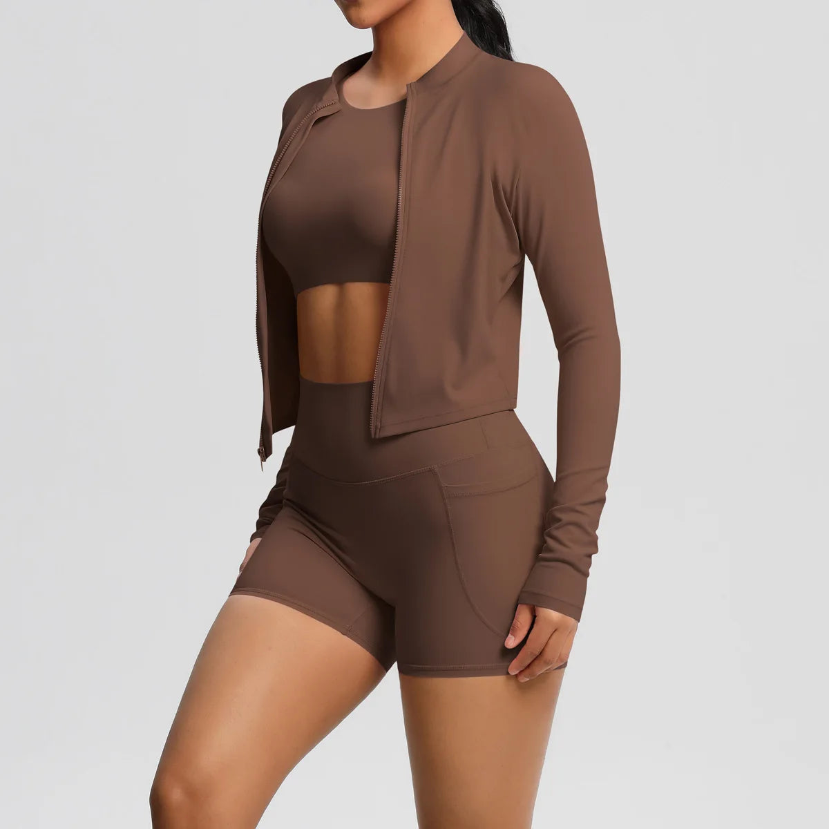 Nude Brushed Yoga Three-Piece Set – Long-Sleeved Sports Jacket, Casual Pocket Shorts & Hip-Lifting Design, for Running Fitness