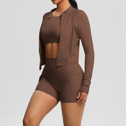 Nude Brushed Yoga Three-Piece Set – Long-Sleeved Sports Jacket, Casual Pocket Shorts & Hip-Lifting Design, for Running Fitness