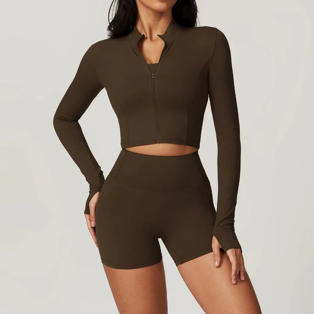 Sports Long Sleeved Women Slim Yoga Clothes Quick Dry Zipper Cardigan Stand Up Collar Jacket Running Fitness Jacket Outdoor Top