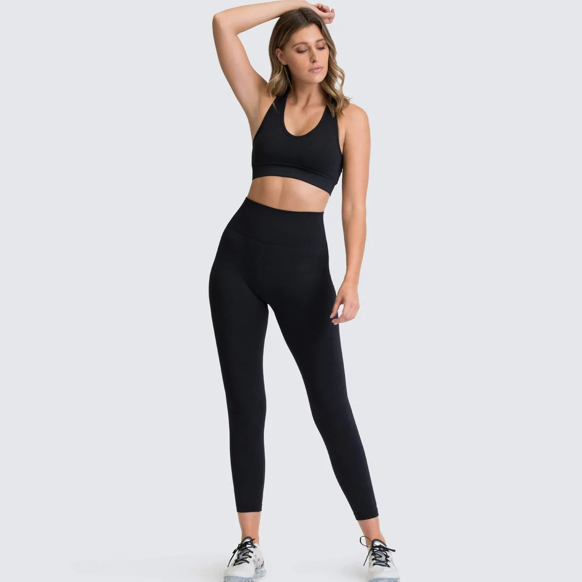 Conjunto de yoga sin costuras para mujer, top corto de fitness y leggings de talle alto con control de abdomen y sujetador incorporado para Pilates, gimnasio y running