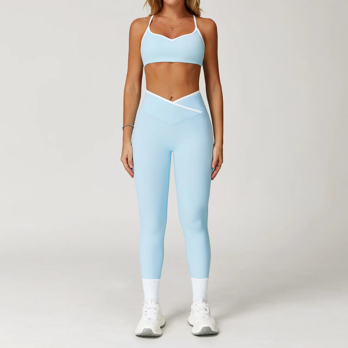 Conjunto Deportivo de Cintura Alta Cruzada para Mujer Sensación Desnuda, Traje de Yoga, Correr, Entrenamiento de Gimnasio, Entrenamiento Físico y Ropa Deportiva de Yoga Ajustada