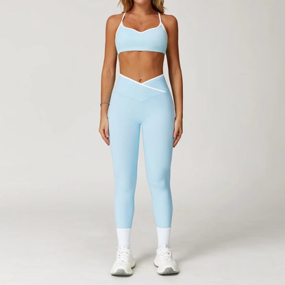 Conjunto Deportivo de Cintura Alta Cruzada para Mujer Sensación Desnuda, Traje de Yoga, Correr, Entrenamiento de Gimnasio, Entrenamiento Físico y Ropa Deportiva de Yoga Ajustada