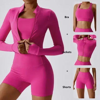 Conjunto de yoga 3 piezas traje deportivo para mujer ropa de yoga de secado rápido chaquetas de gimnasia ropa deportiva para mujer chaquetas de running conjunto para mujer