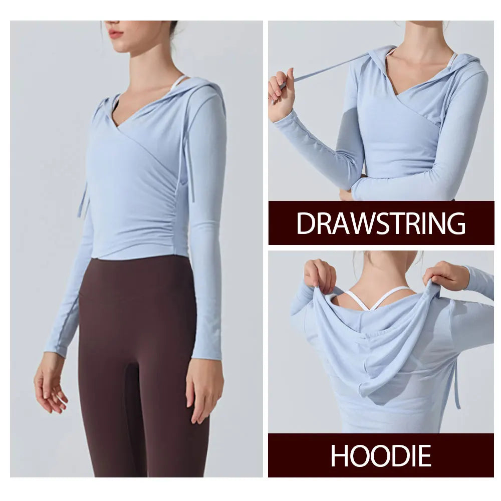 Camiseta de yoga con capucha de manga larga para mujer - Camiseta de entrenamiento con cuello en V ajustada para Pilates, gimnasio, ropa deportiva, blusa
