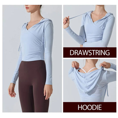 Camiseta de yoga con capucha de manga larga para mujer - Camiseta de entrenamiento con cuello en V ajustada para Pilates, gimnasio, ropa deportiva, blusa