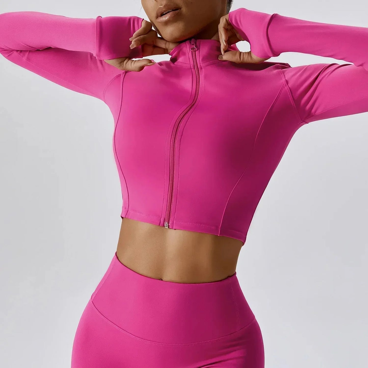 Sports Long Sleeved Women Slim Yoga Clothes Quick Dry Zipper Cardigan Stand Up Collar Jacket Running Fitness Jacket Outdoor Top