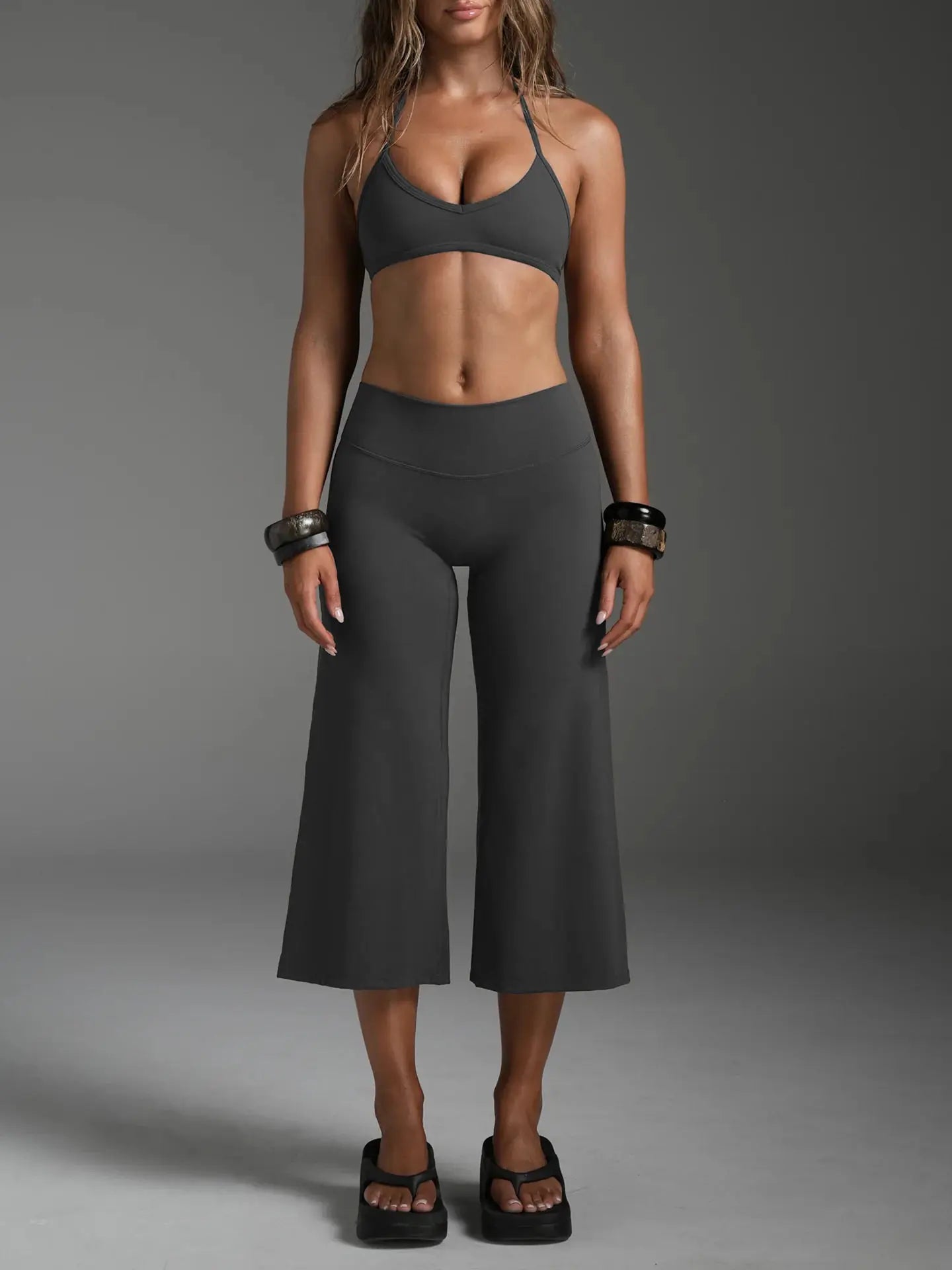 Women Halter Bralette Yoga Outfit Elastic Wide Leg Pants Set, Lightweight Slim Activewear, Fitness Suit for Running Daily Sports