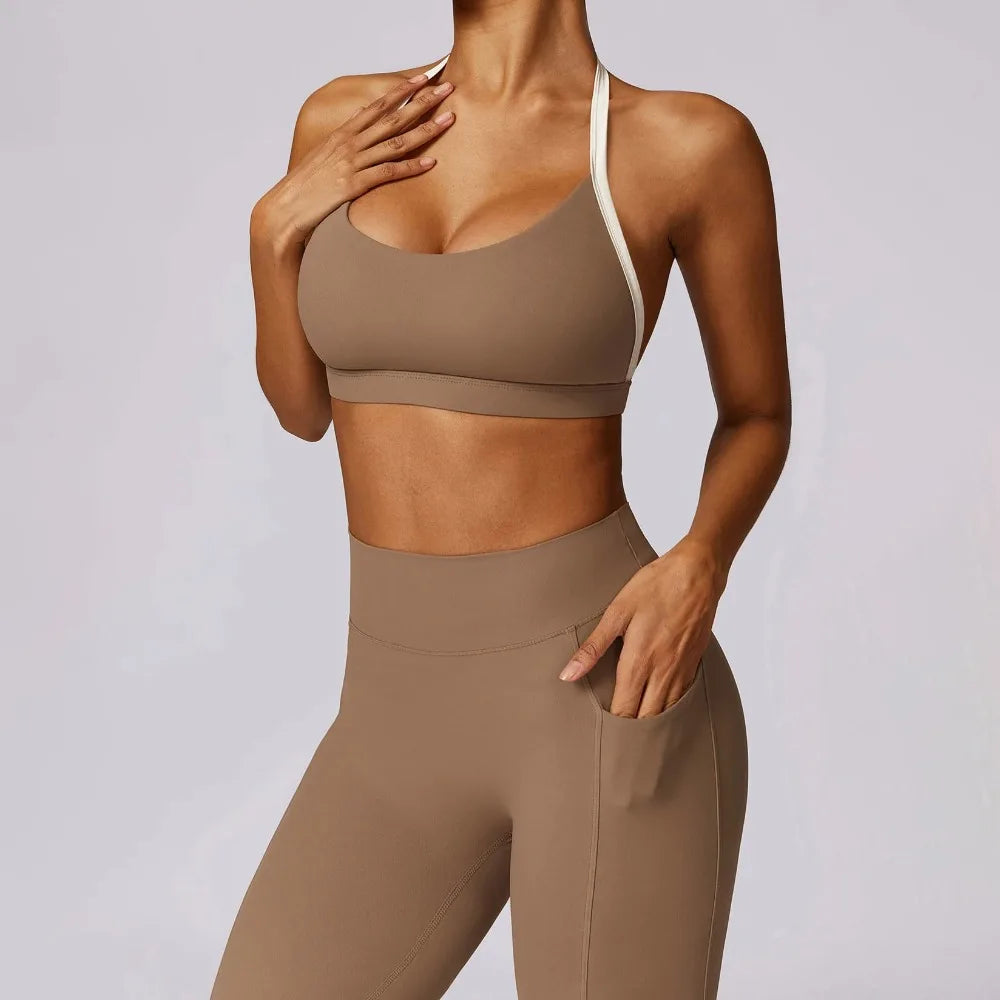 2Pcs Women Gym Workout Set - Backless Yoga Sports Bra Short-Sleeved Shirt Running Leggings, High Waist Fitness Active Wear