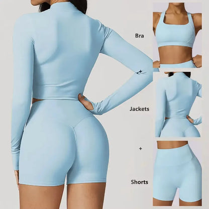 Conjunto de yoga de 3 piezas para mujer, atuendo de entrenamiento con tela "sensación desnuda" con sujetador, chaqueta y pantalones cortos para fitness, gimnasio, pilates y ropa deportiva al aire libre
