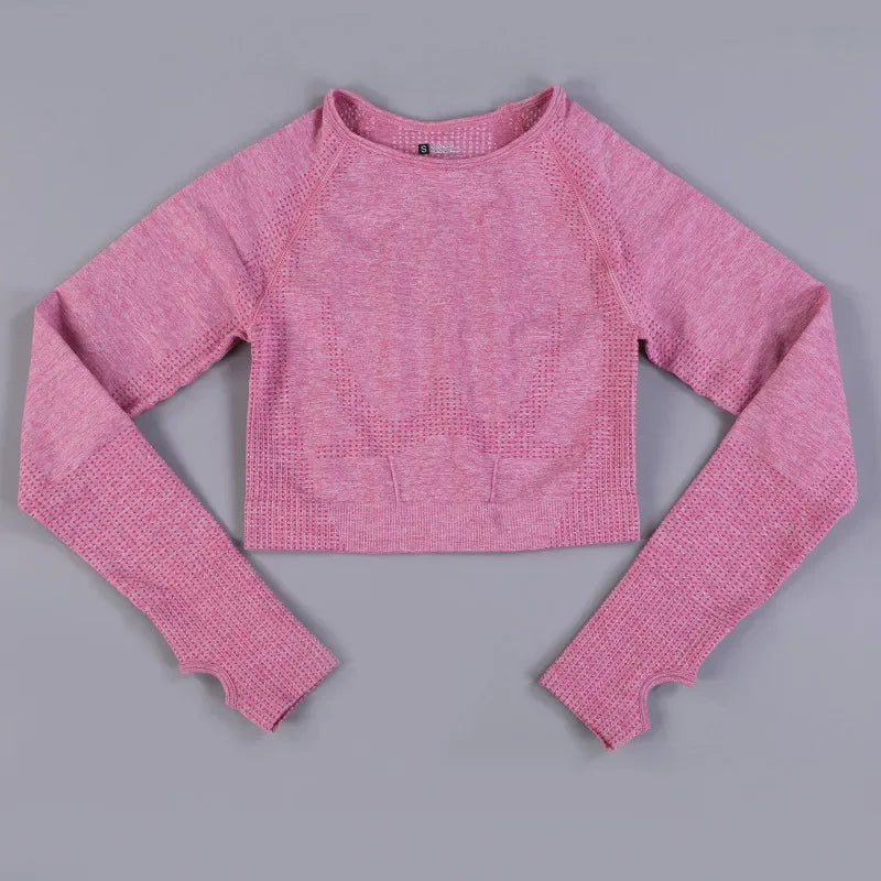 Seamless Knitting Yoga Shirt for Women Fitness Gym Shirt Breathable with Thumb Hole Workout Exercise Long Sleeved Woman Outfit