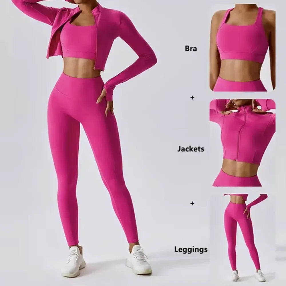Conjunto de yoga 3 piezas traje deportivo para mujer ropa de yoga de secado rápido chaquetas de gimnasia ropa deportiva para mujer chaquetas de running conjunto para mujer