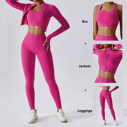 Conjunto de yoga 3 piezas traje deportivo para mujer ropa de yoga de secado rápido chaquetas de gimnasia ropa deportiva para mujer chaquetas de running conjunto para mujer