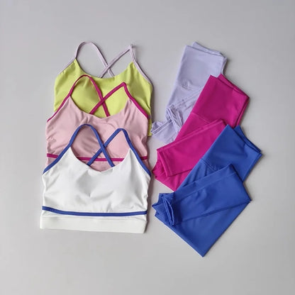 Conjunto Racerback Color Block para Mujer – Sujetador Deportivo Sin Costuras + Leggings de Yoga de Secado Rápido – Ropa Deportiva para Correr, Ciclismo y Fitness