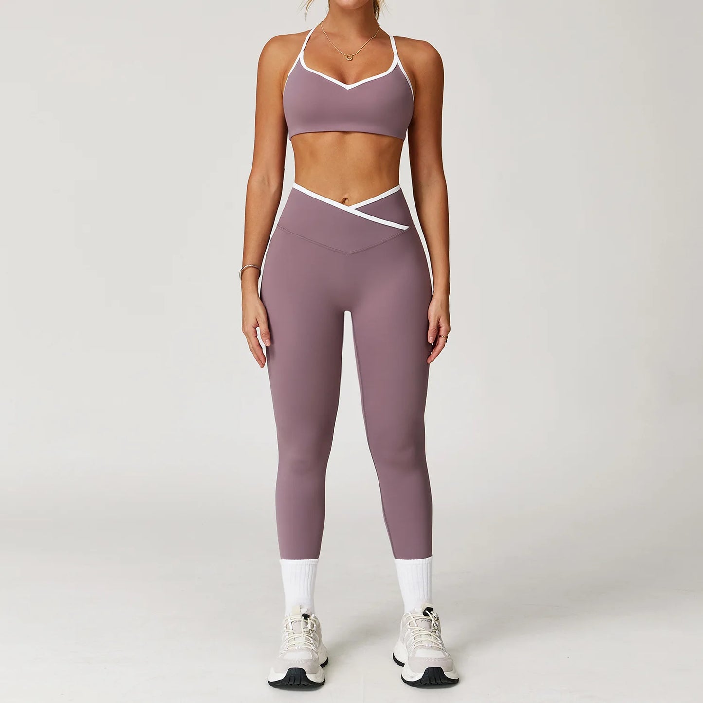 Conjunto Deportivo de Cintura Alta Cruzada para Mujer Sensación Desnuda, Traje de Yoga, Correr, Entrenamiento de Gimnasio, Entrenamiento Físico y Ropa Deportiva de Yoga Ajustada
