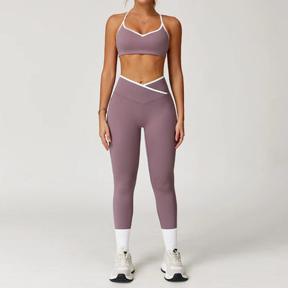 Conjunto Deportivo de Cintura Alta Cruzada para Mujer Sensación Desnuda, Traje de Yoga, Correr, Entrenamiento de Gimnasio, Entrenamiento Físico y Ropa Deportiva de Yoga Ajustada