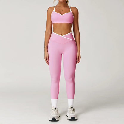 Conjunto Deportivo de Cintura Alta Cruzada para Mujer Sensación Desnuda, Traje de Yoga, Correr, Entrenamiento de Gimnasio, Entrenamiento Físico y Ropa Deportiva de Yoga Ajustada