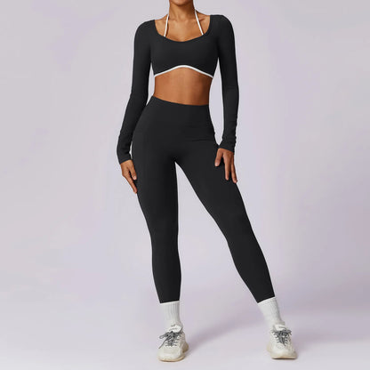 Traje de yoga de mujer con espalda hermosa y colores contrastantes, ropa deportiva ajustada para yoga, fitness y uso diario