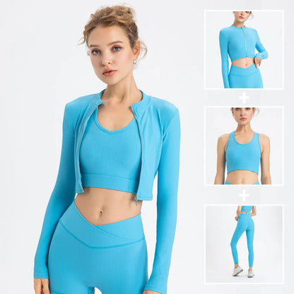 Conjunto deportivo de 3 piezas acanalado para mujer: top de yoga, chaqueta, leggings con fruncido, sujetador deportivo, ropa de gimnasio, trajes de fitness