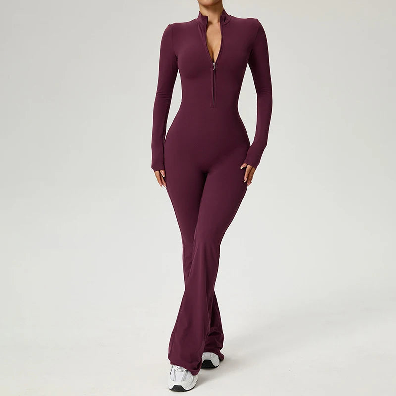 Mono con cremallera Pantalones acampanados Ropa de mujer Ropa deportiva Gimnasio Yoga Conjuntos deportivos Spandex Nylon Conjuntos de entrenamiento Chándal de mujer