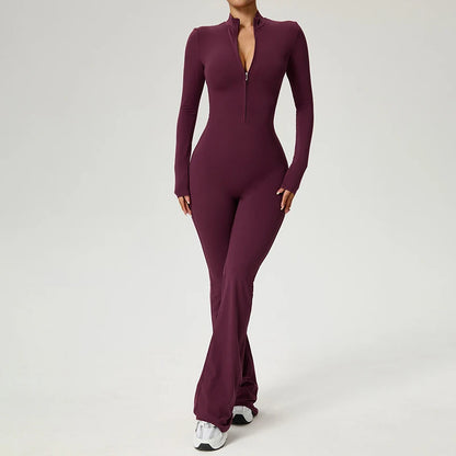 Mono con cremallera Pantalones acampanados Ropa de mujer Ropa deportiva Gimnasio Yoga Conjuntos deportivos Spandex Nylon Conjuntos de entrenamiento Chándal de mujer