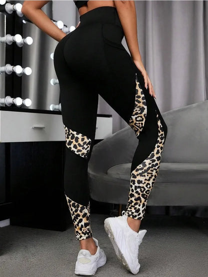 Pantalones de yoga estampados de leopardo con costuras, cintura alta, sexy, para correr, leggings levantadores de cadera para mujer.