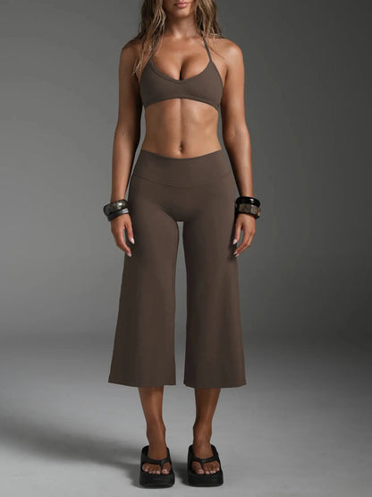 Women Halter Bralette Yoga Outfit Elastic Wide Leg Pants Set, Lightweight Slim Activewear, Fitness Suit for Running Daily Sports