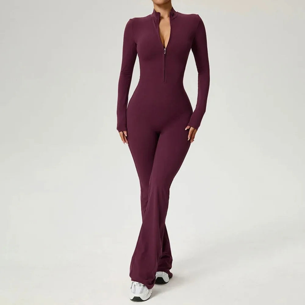 Mono con cremallera Pantalones acampanados Ropa de mujer Ropa deportiva Gimnasio Yoga Conjuntos deportivos Spandex Nylon Conjuntos de entrenamiento Chándal de mujer