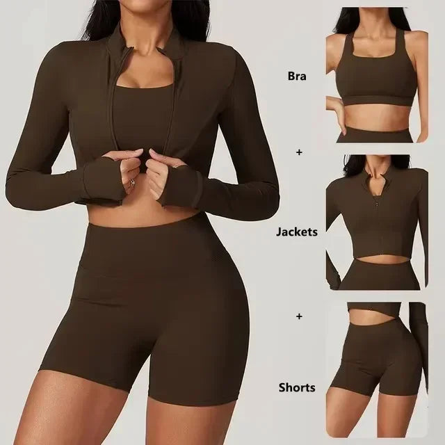 Conjunto de yoga 3 piezas traje deportivo para mujer ropa de yoga de secado rápido chaquetas de gimnasia ropa deportiva para mujer chaquetas de running conjunto para mujer