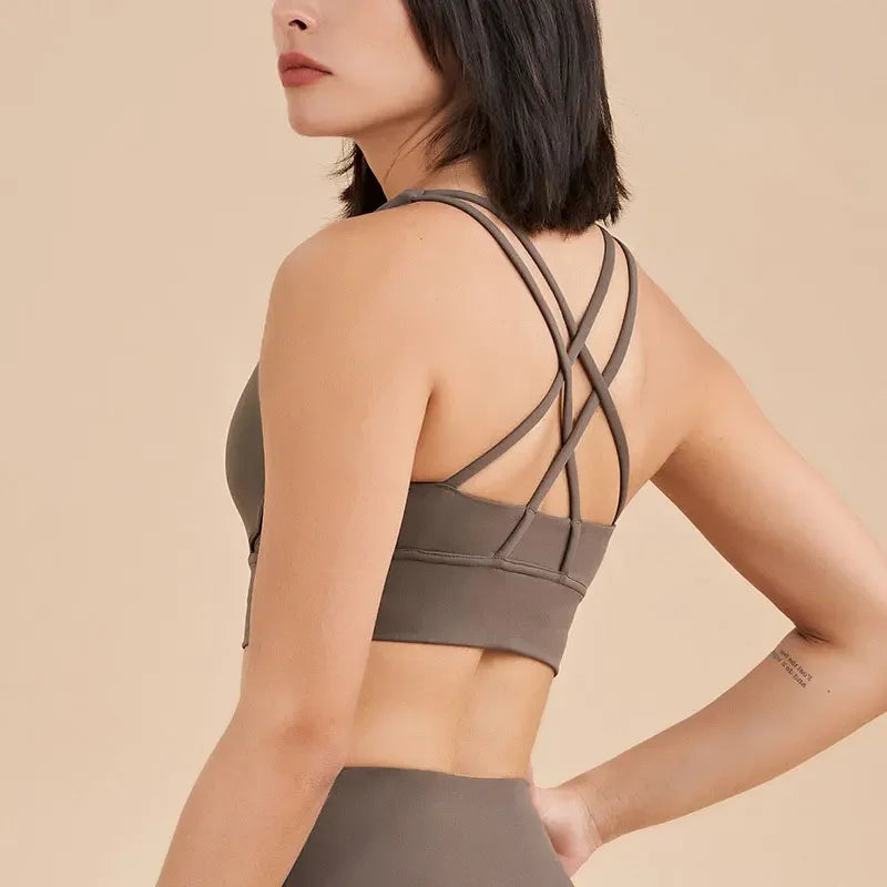 Sujetador deportivo de fitness para mujer, push-up, sin aros, acolchado, con tiras cruzadas, para correr, gimnasio, entrenamiento, yoga, top corto de ropa interior