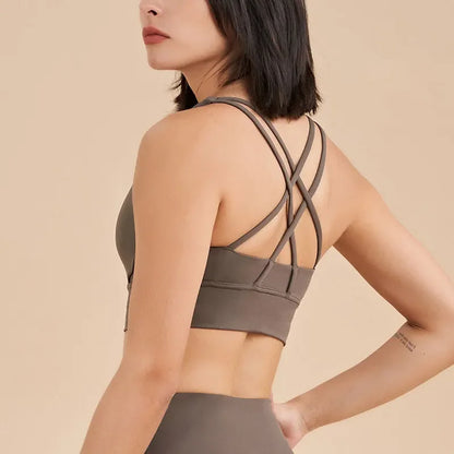 Sujetador deportivo de fitness para mujer, push-up, sin aros, acolchado, con tiras cruzadas, para correr, gimnasio, entrenamiento, yoga, top corto de ropa interior