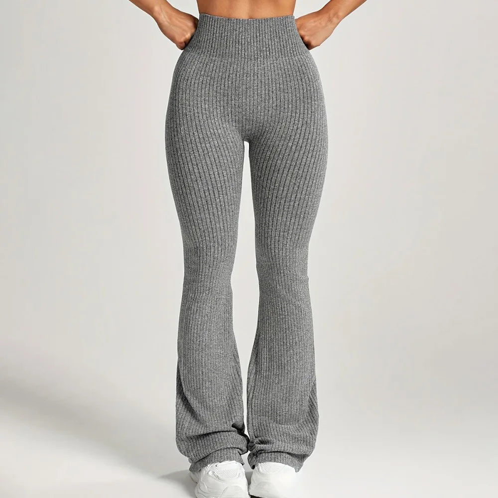 Women's Yoga High Waist Tummy Control Pants - Slim Fit Ribbed Flare Leg Trousers, Workout Lounge Pants Bottoms for Ladies