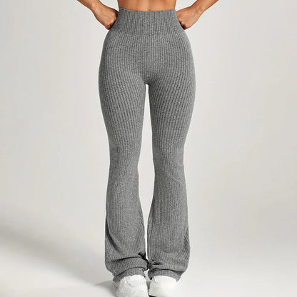 Women's Yoga High Waist Tummy Control Pants - Slim Fit Ribbed Flare Leg Trousers, Workout Lounge Pants Bottoms for Ladies
