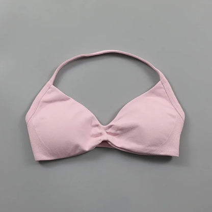 Sujetador deportivo tipo halter con tirantes y escote en V para mujer, soporte bajo, fruncido, espalda abierta sexy, top corto de gimnasio, copas acolchadas, sin costuras, para entrenamiento o yoga