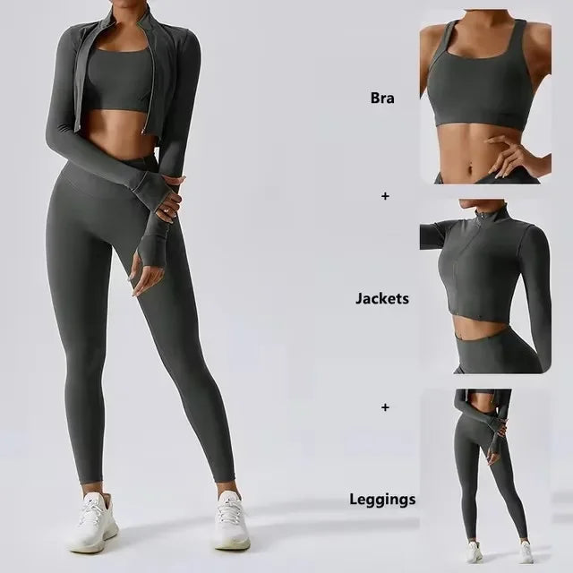 Conjunto de yoga 3 piezas traje deportivo para mujer ropa de yoga de secado rápido chaquetas de gimnasia ropa deportiva para mujer chaquetas de running conjunto para mujer