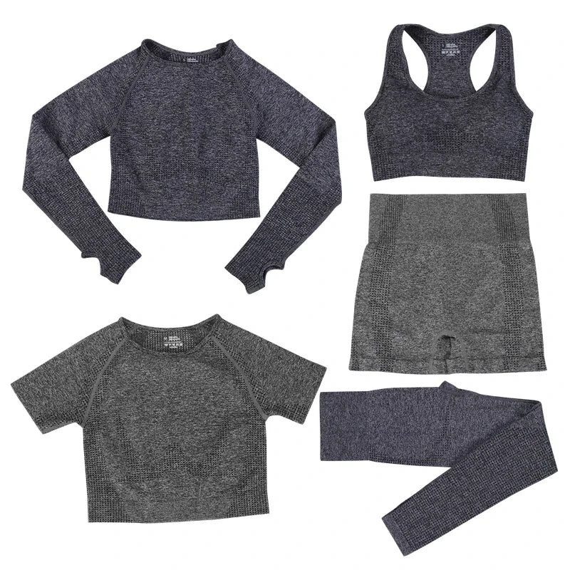 Women's 5-Piece Seamless Yoga Set, Dot Print Crop Top High Waist Leggings Long Sleeve Activewear for Gym Pilates Outdoor Fitness