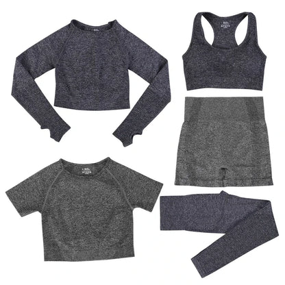 Women's 5-Piece Seamless Yoga Set, Dot Print Crop Top High Waist Leggings Long Sleeve Activewear for Gym Pilates Outdoor Fitness
